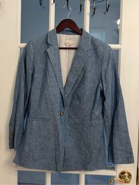 LOFT Women’s Petite Blue Chambray Linen Blend One Button Blazer Jacket 12P
